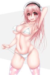 Rule 34 | 1girl, arm behind head, arm up, armpits, bad id, bad pixiv id, bikini, blush, breasts, chikuwa (bardiel13), cleavage, female focus, headphones, highres, large breasts, long hair, looking at viewer, navel, nitroplus, open mouth, pink hair, red eyes, smile, solo, super sonico, swimsuit, thighhighs