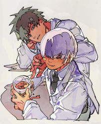 Rule 34 | 2344, 2boys, asuka r. kreutz, black sclera, blue eyes, colored sclera, cup, drink, fingernails, green hair, green necktie, guilty gear, hair over one eye, holding, holding cup, male focus, multiple boys, necktie, sitting, sol badguy