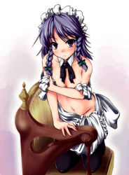 Rule 34 | 1girl, black pantyhose, black thighhighs, blush, braid, breast hold, breasts, covering privates, covering breasts, female focus, groin, izayoi sakuya, johnny (from scratch), maid headdress, navel, no panties, off shoulder, open clothes, open shirt, pantyhose, purple eyes, purple hair, shirt, short hair, silver hair, solo, thighhighs, topless, touhou, twin braids, undressing
