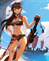Rule 34 | 1girl, alternate costume, bare shoulders, beach, beidou (genshin impact), bikini, blue sky, breasts, brown hair, chinese clothes, claymore (sword), cleavage, cloud, colored eyepatch, eyepatch, fingerless gloves, genshin impact, gloves, greatsword, hair ornament, hair over one eye, hair stick, hairpin, hand on own hip, holding, holding sword, holding weapon, lanhacy, long hair, looking at viewer, medium breasts, navel, one eye covered, pirate ship, red eyes, red gloves, sailing ship, sand, ship, shore, sky, smile, solo, standing, swimsuit, sword, thighs, water, watercraft, weapon