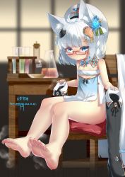 Rule 34 | 1girl, absurdres, animal ears, barefoot, blue eyes, blush, boots, chair, feet, glasses, hat, highres, medium hair, shoes, unworn shoes, sitting, soles, steam, sweat, table, toes, vial