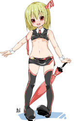 Rule 34 | 1girl, bad id, bad pixiv id, bare shoulders, black thighhighs, blonde hair, blush, boots, breasts, groin, hair ribbon, karasawa-40, midriff, open mouth, race queen, red eyes, ribbon, rumia, short hair, simple background, skirt, small breasts, smile, solo, thigh boots, thighhighs, touhou, umbrella, underboob, white background, wrist cuffs