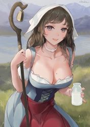 Rule 34 | 1girl, :d, :o, apron, artist name, bare shoulders, bell, blue dress, blue eyes, blush, bodice, bottle, breasts, brown hair, choker, chowbie, cleavage, commentary request, cowboy shot, day, dirndl, dress, frills, german clothes, grey eyes, highres, holding, holding bottle, holding staff, large breasts, leaning forward, long hair, looking at viewer, milk, milk bottle, mole, mole on breast, mountain, mountainous horizon, open mouth, original, outdoors, red apron, shepherd, shepherd&#039;s crook, sidelocks, sky, smile, solo, staff, standing, underbust, waist apron, wavy hair, white choker