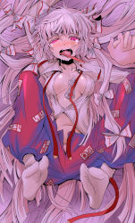 Rule 34 | 1girl, blush, bow, breasts, cleavage, dateya torahachi, dress shirt, feet, fujiwara no mokou, hair bow, highres, holding hands, interlocked fingers, large breasts, long hair, lying, no bra, on back, open clothes, open mouth, open pants, open shirt, pants, red eyes, saliva, sexually suggestive, shirt, silver hair, socks, solo, solo focus, spread legs, suspenders, tears, tongue, toothbrush, toothpaste, touhou, very long hair, white socks