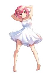 Rule 34 | 1girl, armpits, barefoot, closed mouth, dress, highres, indie virtual youtuber, pink hair, sakuraba neria, short hair, smile, virtual youtuber, white background, white dress
