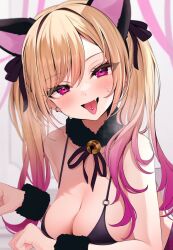 Rule 34 | 1girl, animal ears, bell, black bow, black bra, black choker, black ribbon, blonde hair, blush, bow, bra, breasts, cat ears, character request, choker, cleavage, colored tips, commentary request, copyright request, earrings, fake animal ears, fang, fluffy, gradient hair, hair bow, hair intakes, hair ribbon, highres, jewelry, jingle bell, large breasts, long hair, looking at viewer, multicolored hair, namagome negi, neck ribbon, o-ring, o-ring top, piercing, pink eyes, ribbon, simple background, solo, sweat, tongue, tongue out, tongue piercing, twintails, two-tone hair, underwear, wrist cuffs