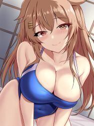 Rule 34 | 1girl, blue one-piece swimsuit, blush, breasts, brown eyes, cleavage, competition swimsuit, hair flaps, hair ornament, hair ribbon, hairclip, highleg, highleg swimsuit, highres, impossible clothes, impossible swimsuit, indoors, kantai collection, large breasts, light brown hair, long hair, looking at viewer, montemasa, multicolored clothes, multicolored swimsuit, murasame (kancolle), murasame kai ni (kancolle), on bed, one-piece swimsuit, red eyes, ribbon, smile, solo, swimsuit, two-tone swimsuit, two side up