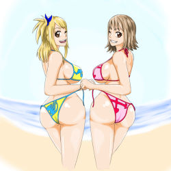 Rule 34 | 00s, 2girls, artist request, ass, bare shoulders, bikini, blonde hair, breasts, brown eyes, brown hair, crossover, elie, fairy tail, from behind, grin, hair ribbon, large breasts, long hair, looking at viewer, looking back, lucy heartfilia, multiple girls, one eye closed, open mouth, panties, rave, ribbon, shiny skin, short hair, side ponytail, smile, swimsuit, underwear, wink