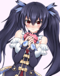 Rule 34 | 1girl, bare shoulders, black hair, blush, box, breasts, bridal gauntlets, cleavage, closed mouth, detached collar, detached sleeves, dress, elbow gloves, embarrassed, frills, full-face blush, gloves, hair between eyes, hair ornament, hair ribbon, heart, heart-shaped box, highres, long hair, looking at viewer, medium breasts, neptune (series), noire (neptunia), red eyes, ribbon, seshiro (which501), solo, twintails, valentine, very long hair