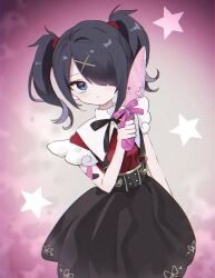 Rule 34 | 1girl, ame-chan (needy girl overdose), black hair, black ribbon, black skirt, collared shirt, commentary, cowboy shot, hair ornament, hair over one eye, hand up, highres, holding, holding knife, kabe (zp66104), knife, long hair, looking at viewer, neck ribbon, needy girl overdose, pink background, pink ribbon, red shirt, ribbon, shirt, skirt, solo, standing, star (symbol), suspender skirt, suspenders, symbol-only commentary, twintails, x hair ornament