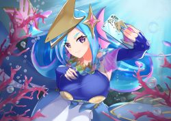 Rule 34 | 1girl, absurdres, amabie (yu-gi-oh!), blue dress, blue gloves, blue hair, blue nails, breasts, bubble, cellphone, coral, dress, duel monster, elbow gloves, fingerless gloves, fins, fish tail, gloves, hand on own chest, head fins, highres, large breasts, mermaid, monster girl, na nto, nail polish, phone, purple eyes, selfie, smile, tail, underwear, yu-gi-oh!
