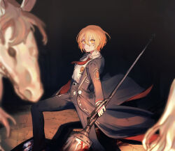 Rule 34 | 1girl, absurdres, badge, black coat, black pants, blonde hair, blood, bloody weapon, buttons, closed mouth, coat, collared shirt, don quixote (project moon), high-waist pants, highres, holding, holding polearm, holding weapon, horse, lance, limbus company, long sleeves, looking at viewer, moth ram, necktie, pants, polearm, project moon, red necktie, shirt, smile, solo, sticker, weapon, white shirt, yellow eyes