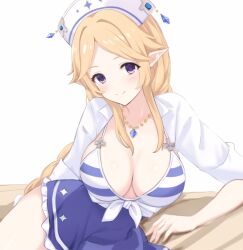 Rule 34 | 1girl, bikini, blonde hair, blue skirt, blush, breasts, cleavage, collared shirt, elf, jewelry, large breasts, long hair, long sleeves, necklace, parted bangs, pointy ears, princess connect!, purple eyes, sa (nax49), shirt, sitting, skirt, smile, solo, striped bikini, striped clothes, swimsuit, white headwear, white shirt, yukari (princess connect!), yukari (summer) (princess connect!)