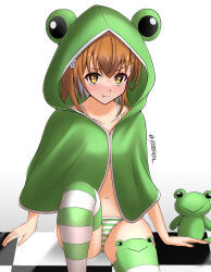 Rule 34 | 1girl, 2023, 20s, absurdres, alternate costume, bare shoulders, bikini, blush, brown eyes, brown hair, checkered floor, collarbone, feet out of frame, female focus, flower, frog poncho, frown, gekota, green bikini, green poncho, green thighhighs, hair flower, hair ornament, highres, looking at viewer, matching hair/eyes, misaka mikoto, navel, official alternate costume, poncho, revision, short hair, sitting, solo, stomach, striped bikini, striped clothes, striped thighhighs, stuffed animal, stuffed toy, swimsuit, thick thighs, thighhighs, thighs, toaru kagaku no railgun, toaru majutsu no index, twitter username, white background, yoren