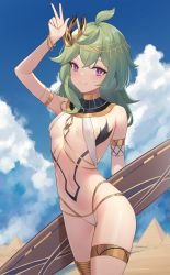 Rule 34 | 1girl, ahoge, airool, alternate costume, arm up, armlet, bangle, bare shoulders, bikini, bracelet, breasts, closed mouth, cloud, collar, collei (genshin impact), cowboy shot, day, genshin impact, gold trim, green hair, hair ornament, highleg, highleg bikini, highres, jewelry, long hair, looking at viewer, multi-strapped bikini, navel, outdoors, purple eyes, pyramid (structure), sky, small breasts, smile, solo, stomach, string bikini, surfboard, swimsuit, thighlet, thighs, v, white bikini