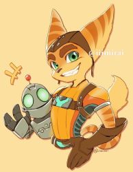 Rule 34 | 2boys, animal ears, animal nose, bad id, bad pixiv id, body fur, clank, commentary, elbow gloves, furry, furry male, gloves, green eyes, humanoid robot, iiimirai, lombax, looking at viewer, multiple boys, ratchet &amp; clank, ratchet (ratchet &amp; clank), robot, simple background, smirk, snout, striped fur, striped tail, tail, twitter username, upper body, yellow background