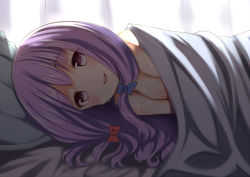 Rule 34 | 1girl, afterglow, aftersex, backlighting, bad id, bad pixiv id, bed, bed sheet, bow, breasts, cleavage, female focus, hair bow, long hair, looking at viewer, lying, naked sheet, no headwear, no headwear, nude, on back, on bed, patchouli knowledge, pokachu, pov across bed, purple eyes, purple hair, smile, solo, sweat, touhou, under covers