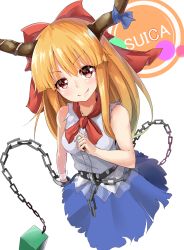 Rule 34 | 1girl, bow, chain, dress, fang, hair bow, highres, horns, ibuki suika, kurokin, long hair, looking at viewer, orange hair, red eyes, simple background, smile, solo, touhou, white background