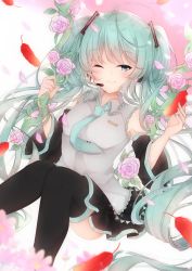 Rule 34 | 1girl, ;), absurdres, ahoge, black skirt, black sleeves, black thighhighs, blue eyes, blue hair, blue necktie, blurry, blurry foreground, closed mouth, collared shirt, detached sleeves, feathers, floating hair, flower, grey shirt, hair ornament, hari shoku, hatsune miku, headphones, headset, highres, long hair, long sleeves, looking at viewer, microphone, miniskirt, necktie, one eye closed, pink flower, pink rose, pleated skirt, red feathers, rose, shirt, sitting, skirt, sleeveless, sleeveless shirt, smile, solo, thighhighs, twintails, very long hair, vocaloid, wing collar, zettai ryouiki