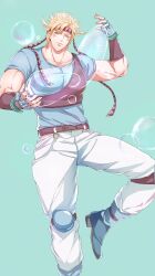 Rule 34 | 1boy, battle tendency, blonde hair, caesar anthonio zeppeli, chest protector, facial mark, feather hair ornament, feathers, fingerless gloves, gloves, green eyes, hair ornament, headband, highres, hydrokinesis, jojo no kimyou na bouken, knee pads, male focus, r9exx, soap bubbles, solo, standing, standing on one leg, triangle print, water