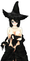 Rule 34 | 1girl, black hair, blue eyes, blush, breasts, demon&#039;s souls, dsnavi, female focus, from software, hat, long hair, nipples, simple background, solo, torn clothes, white background, witch hat, yuria the witch