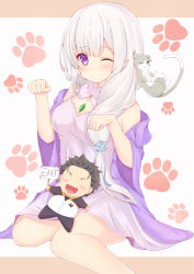 Rule 34 | &gt;:d, 10s, 1girl, :3, :d, animal, black hair, blue eyes, blush, blush stickers, breasts, cat, character doll, closed mouth, dress, emilia (re:zero), hair over shoulder, heart, heart in mouth, highres, holding, ikarosu, jacket, long hair, long sleeves, low-tied long hair, medium breasts, natsuki subaru, o o, open mouth, pack (re:zero), paw pose, paw print, pointy ears, puck (re:zero), purple dress, purple eyes, re:zero kara hajimeru isekai seikatsu, short hair, sign, silver hair, sitting, sleeveless, sleeveless dress, smile, spaghetti strap, v-shaped eyebrows, white background