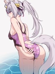 Rule 34 | animal ears, artist name, ass, back, bell, breasts, clothes pull, coubalt, coubalty, filian (vtuber), fox ears, fox girl, fox tail, from behind, hair bell, hair ornament, medium breasts, one-piece swimsuit, ponytail, purple eyes, swimsuit, tail, thighs, two-tone swimsuit, water, wedgie, white hair