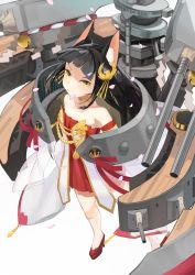 Rule 34 | 1girl, absurdres, aiguillette, animal ear fluff, animal ears, aoiro (t aoiro123), azur lane, bare shoulders, bell, black hair, cherry blossoms, closed mouth, detached sleeves, dress, flat chest, fox ears, hair ornament, high heels, highres, jewelry, jingle bell, kneehighs, legs apart, long hair, long sleeves, nagato (azur lane), neck ring, petals, red dress, red footwear, rigging, rope, see-through, shide, shimenawa, short dress, simple background, socks, solo, standing, strapless, strapless dress, tassel, turret, v-shaped eyebrows, white background, white socks, yellow eyes