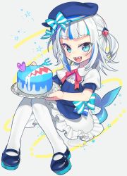 Rule 34 | 1girl, :d, aqua bow, aqua eyes, aqua nails, artist name, beret, blue footwear, blue hat, blush, bow, cake, commentary request, fins, fish tail, food, fork, frilled skirt, frills, full body, gawr gura, hat, highres, holding, holding food, holding fork, holding plate, hololive, hololive english, looking at viewer, nail polish, negi (ulog&#039;be), open mouth, plate, puffy sleeves, ribbon, shark girl, shark tail, sharp teeth, short sleeves, signature, simple background, skirt, smile, solo, star (symbol), striped ribbon, tail, teeth, twitter username, virtual youtuber, white background, white hair, white legwear