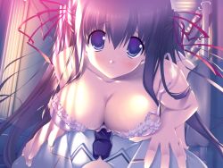Rule 34 | 1boy, 1girl, blush, bra, breast press, breasts, cleavage, frilled bra, frills, game cg, girl on top, hair ribbon, highres, kiss to lord to darjeeling, large breasts, lingerie, looking at viewer, nanase yuuna, pov, ribbon, solo focus, strap slip, takanae kyourin, underwear, white bra