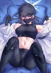 Rule 34 | 1girl, absurdres, bare shoulders, baseball cap, bed sheet, belt, black belt, black gloves, black hair, black hat, black mask, black pants, black shirt, blue archive, blue eyes, blue hair, breasts, chest harness, coat, commentary, crop top, feet out of frame, gloves, halo, hands up, harness, hat, highres, large breasts, leggings, long hair, looking at viewer, lying, mask, midriff, mouth mask, navel, off shoulder, okuma707, on back, open clothes, open coat, pants, pillow, saori (blue archive), shirt, sleeveless, sleeveless shirt, solo, stomach, thighs, white coat