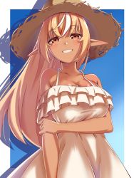 Rule 34 | 1girl, absurdres, arm at side, arm grab, blonde hair, blue background, border, breasts, brown hair, commentary request, dark-skinned female, dark skin, dress, elf, frilled dress, frills, grin, halterneck, hat, head tilt, highres, hololive, large breasts, looking at viewer, meme tesshin, multicolored hair, outside border, pointy ears, shiranui flare, silhouette, smile, straw hat, streaked hair, sundress, virtual youtuber, white hair