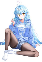 1girl absurdres ahoge alternate_costume alternate_hairstyle arm_support black_pantyhose blue_hair blue_hoodie blue_nails blue_shorts blush breasts character_print colored_tips commentary crossed_bangs daifuku_(yukihana_lamy) double-parted_bangs drawstring full_body hair_between_eyes hair_down hair_flaps heart heart_ahoge highres hololive hood hood_down hoodie invisible_floor knee_up large_breasts long_hair long_sleeves looking_at_viewer misoile multicolored_hair nail_polish no_shoes on_floor pantyhose parted_hair parted_lips pointy_ears short_shorts shorts simple_background socks socks_over_pantyhose solo spread_legs straight_hair streaked_hair thighband_pantyhose twirling_hair very_long_hair virtual_youtuber white_background white_socks yellow_eyes yukihana_lamy