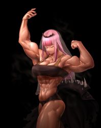 Rule 34 | 1girl, abs, breasts, closed eyes, flexing, highres, hololive, hololive english, large breasts, long hair, mori calliope, muscular, muscular female, pink hair, short shorts, shorts, solo, spikes, sports bra, tiara, veil, virtual youtuber, wass nonnam