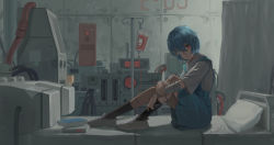 Rule 34 | 1girl, absurdres, ayanami rei, bandage over one eye, bandaged arm, bandaged head, bandaged leg, bandages, bed, big photo, black socks, blouse, blue dress, blue hair, book, book stack, cable, chinese commentary, commentary, concrete, curtains, dress, dress shirt, equipment, equipment screen, unworn eyewear, full body, glasses, head tilt, highres, holding, holding removed eyewear, hose, hospital bed, hugging own legs, intravenous drip, iv stand, knees up, looking at viewer, neon genesis evangelion, pillow, pinafore dress, red eyes, school uniform, shirt, shoes, short hair, short sleeves, sitting, sleeveless dress, smoking pipe, socks, solo, tokyo-3 middle school uniform, uwabaki, white footwear, white shirt