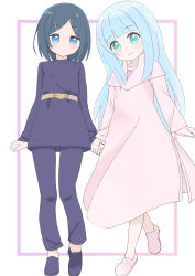 2girls belle_(dungeon_people) blue_eyes blue_hair blush clay_(dungeon_people) closed_mouth dungeon_people eyebrows_hidden_by_hair flat_chest full_body green_eyes grey_hair highres holding_hands long_hair looking_at_viewer multiple_girls pants pink_footwear pink_robe purple_footwear purple_pants purple_shirt robe shirt short_hair simple_background smile white_background yamadin yuri