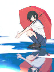 Rule 34 | 1girl, black hair, blue eyes, blue sailor collar, blue skirt, blue socks, brown footwear, closed mouth, different reflection, from side, full body, hair between eyes, highres, holding, holding umbrella, kneehighs, legs together, loafers, looking at viewer, oka kojiro, original, own hands together, pleated skirt, puddle, reflection, reflective water, sailor collar, school uniform, serafuku, shirt, shoes, short hair, short sleeves, sidelocks, simple background, skirt, smile, socks, solo, squatting, umbrella, white background, white shirt