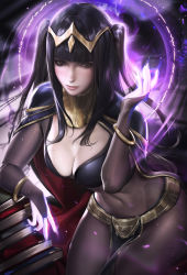 Rule 34 | 1girl, arm support, black eyes, black hair, bodysuit, book, book stack, bracelet, breasts, bridal gauntlets, cape, circlet, cleavage, cleavage cutout, clothing cutout, covered navel, cowboy shot, fire emblem, fire emblem awakening, glowing, gradient background, highres, jewelry, lips, long hair, looking at viewer, magic, nail polish, navel, neck ring, nintendo, parted lips, pelvic curtain, realistic, sakimichan, solo, tharja (fire emblem), two side up