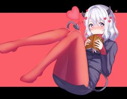 Rule 34 | 1girl, black background, blush, book, breasts, coma (light825), commentary, demon girl, demon horns, demon tail, heart, heart-shaped pupils, helltaker, holding, holding book, horns, long hair, long sleeves, looking at viewer, medium breasts, modeus (helltaker), no shoes, nose blush, open book, pantyhose, pencil skirt, purple eyes, red background, red eyes, red pantyhose, ribbed sweater, simple background, skirt, sleeves past wrists, solo, sweater, symbol-shaped pupils, tail, turtleneck, white hair