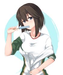 Rule 34 | 10s, 1girl, ame-rain, black hair, blue eyes, eating, food, food in mouth, gym shirt, hair between eyes, hayasui (kancolle), highres, holding, holding food, jacket, kantai collection, long sleeves, popsicle, shirt, short hair, solo, track jacket, white shirt, zipper