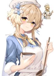 Rule 34 | 1girl, apron, blonde hair, blue shirt, chef hat, closed mouth, commentary request, dress shirt, feather hair ornament, feathers, flower, genshin impact, hair between eyes, hair flower, hair ornament, hat, highres, holding, holding ladle, holding plate, jasummin, ladle, looking at viewer, lumine (genshin impact), neckerchief, plate, reference inset, shirt, short hair with long locks, short sleeves, smile, white apron, white flower, white hat, yellow eyes, yellow neckerchief