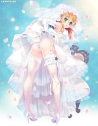 Rule 34 | 1girl, anchor, bent over, blonde hair, breasts, bridal garter, bridal veil, carnelian, commentary request, dress, elbow gloves, flower, full body, garter straps, gloves, green eyes, hair between eyes, hair flower, hair ornament, hair over shoulder, high heels, kantai collection, long hair, looking at viewer, looking back, low twintails, medium breasts, panties, petals, pigeon-toed, prinz eugen (kancolle), solo, standing, thighhighs, twintails, underwear, veil, wedding dress, white dress, white gloves, white panties, white thighhighs
