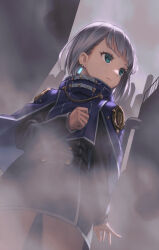 Rule 34 | 1girl, black coat, blue capelet, capelet, coat, commentary request, cowboy shot, earrings, ender magnolia bloom in the mist, green eyes, grey hair, highres, jewelry, lilac (ender magnolia), looking to the side, mayagi (mayagi61), serious, short hair, single earring, smoke, solo