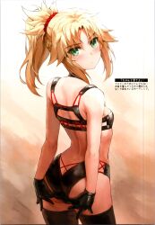 Rule 34 | 1girl, absurdres, adjusting clothes, adjusting panties, ass, bare shoulders, blonde hair, blush, braid, breasts, butt crack, closed mouth, fate/apocrypha, fate/grand order, fate (series), from behind, gloves, gradient background, green eyes, highres, long hair, looking at viewer, looking back, mordred (fate), mordred (fate/apocrypha), panties, ponytail, scan, sidelocks, simple background, sleeveless, small breasts, solo, thighhighs, tonee, underwear