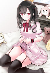 Rule 34 | 1girl, black hair, blush, breasts, clothes lift, commentary request, dress, dress lift, garter straps, highres, lifting own clothes, long hair, oouso, original, panties, pink panties, red eyes, side ponytail, sitting, smile, solo, stuffed animal, stuffed toy, teddy bear, thighhighs, underwear, yokozuwari