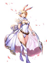 Rule 34 | 10s, 1girl, :d, ajishio, alternate costume, animal ears, belt, belt skirt, blonde hair, blush, boots, breasts, cape, cleavage, cleavage cutout, clothing cutout, covered navel, djeeta (granblue fantasy), eyebrows, fake animal ears, fake tail, flower, granblue fantasy, groin, hair flower, hair ornament, hairband, hand up, happy, high heels, highleg, highleg leotard, hip focus, leotard, looking at viewer, medium breasts, open mouth, petals, rabbit ears, sage (granblue fantasy), short hair, short sleeves, simple background, smile, solo, standing, tail, thigh boots, thighhighs, thighs, turtleneck, waving, white background, white cape, white footwear, white leotard, white thighhighs, wrist cuffs, yellow eyes
