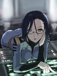 Rule 34 | 10s, 1girl, ass, bent over, black hair, blurry, bodysuit, brown eyes, console, depth of field, glasses, leaning forward, military, military uniform, niimi kaoru, science fiction, skin tight, solo, uchuu senkan yamato, uchuu senkan yamato 2199, ueyama michirou, uniform, yellow eyes