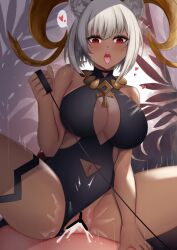 Rule 34 | 1girl, arknights, bar censor, bare shoulders, black one-piece swimsuit, blush, breasts, carnelian (arknights), casual one-piece swimsuit, censored, cleavage, cowgirl position, cum, cum in pussy, dark-skinned female, dark skin, ejaculation, femdom, girl on top, goat girl, goat horns, grey hair, heart, hetero, highres, holding, horns, kyomu (7641), large breasts, leash, motion lines, navel, one-piece swimsuit, open mouth, penis, pussy, red eyes, sex, short hair, solo focus, speech bubble, spoken heart, spread legs, straddling, swimsuit, thigh strap, tongue, tongue out, vaginal