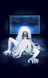 Rule 34 | 1girl, abyssal ship, blue eyes, colored skin, crawling, dark room, glowing, glowing eyes, hair over one eye, highres, ka-class submarine, kantai collection, long hair, looking at viewer, mask, pale skin, parody, personification, scuba, silver hair, solo, television, the ring, turret, vagabond743, water, white skin