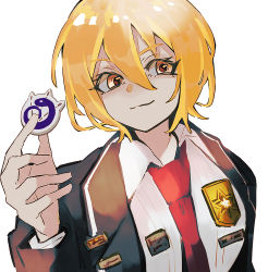Rule 34 | 1girl, :3, blonde hair, blouse, closed mouth, collared shirt, don quixote (project moon), hair between eyes, highres, holding, jacket, limbus company, long sleeves, nakame77, necktie, open clothes, open jacket, orange eyes, project moon, red necktie, shirt, short hair, smile, solo, white background, white shirt